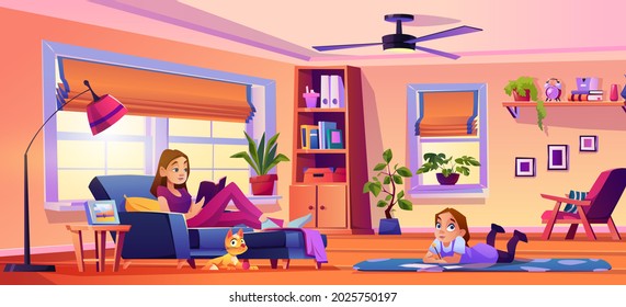 Parents and child girl at home spending time on hobby. Woman reading book on sofa, father working on computer and kid drawing on mat on floor. Flat style cartoon character, vector illustration