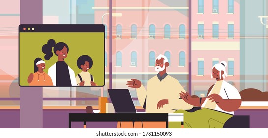 parents with child having virtual meeting with grandparents during video call family chat online communication concept living room interior portrait horizontal vector illustration