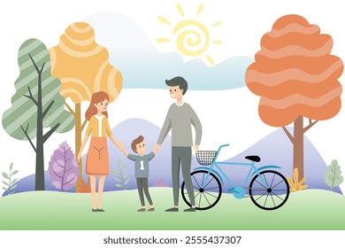 Parents and a child holding hands in a park with a bicycle, surrounded by colorful trees, vector illustration.
