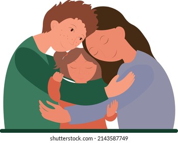 Parents and child hug together and smile. Happy stable family of father, mother and daughter. Cute cartoon characters on white background