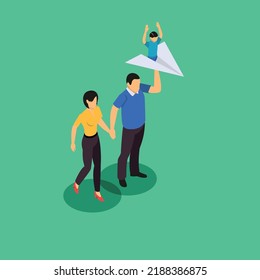Parents and child on paper plane isometric 3d vector illustration concept for banner, website, illustration, landing page, flyer, etc.