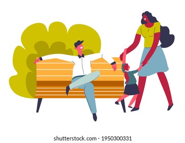 Parents with child in park, family weekends or vacations spent together. Mother and father sitting on bench relaxing outdoors by lush tree or bush with greenery. Summer activities. Vector in flat