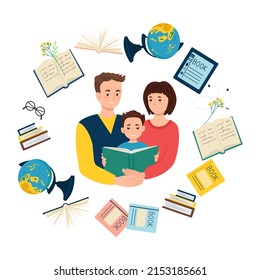 Los padres con un niño leen un libro, globo, libros, cuadernos, gafas, tableta alrededor de la niña. Educación y formación. Ilustración vectorial.