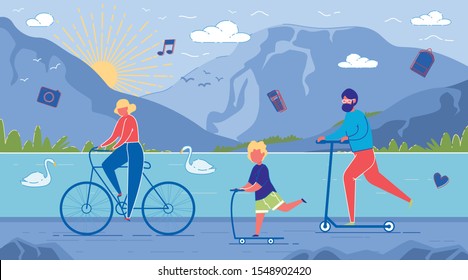 Parents and Child Ride Bicycles and Scooters on Mountain with lake Countryside Landscape Background. Family outdoor Activity, Togertherness, Tourism and Traveling. Flat Cartoon Vector Illustration.