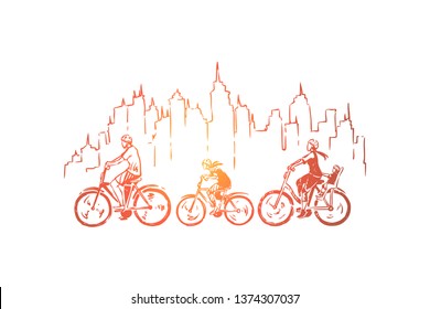 Parents with child riding bikes, happy people in helmets training, sport leisure, outdoor recreation. Family cycling together, sport activity concept sketch. Hand drawn vector illustration