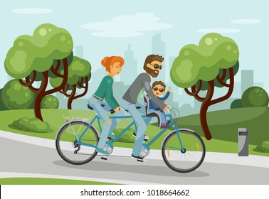 Parents with child riding tandem bike outdoor in the city park. Happy family concept. Vector illustration.