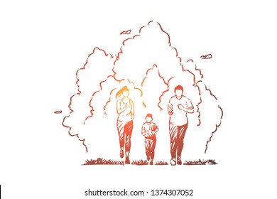 Parents with child running in park, mother, father and son in sportswear, outdoor recreation, healthy lifestyle Family jogging, outdoor sport activity concept sketch. Hand drawn vector illustration