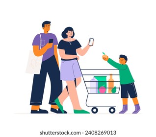 Parents and a child with a shopping cart filled with goods and daily supplies. Buying food in a grocery store. Vector flat illustration on a white background.