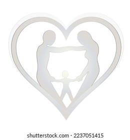 Parents and child silhouettes holding hands inside a heart isolated on white background. Family love and blessing.