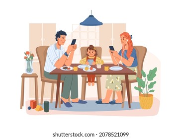 Parents and child sitting by table using smartphones at lunch. Vector in flat style. Addiction to gadgets and social media communication, networking and leisure. Family chatting on application