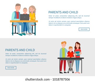 Parents And Child Sitting In Front Of Open Laptop Watching Movie Or Doing Homework Together. Family On Chairs At Table Study With Help Of Computer Vector