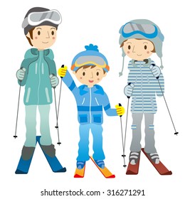 Parents and child in ski gear