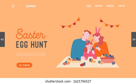 Parents and Child Spare Time Website Landing Page. Happy Family Prepare for Easter. Mother, Father and Daughter in Rabbit Ears Painting Eggs Web Page Banner. Cartoon Flat Vector Illustration, Line Art