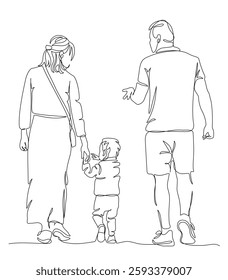 Parents with child talking and walking away. Back view. Continuous line drawing. Black and white vector illustration in line art style.