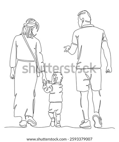 Parents with child talking and walking away. Back view. Continuous line drawing. Black and white vector illustration in line art style.
