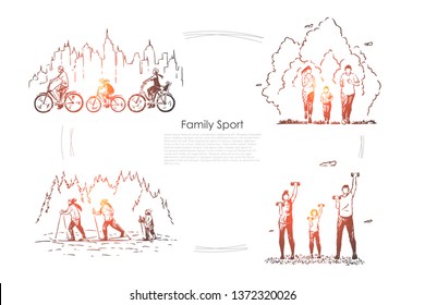 Parents with child training together, kid cycling, jogging, skiing with mother and father, workout banner. Family sport, healthy lifestyle concept sketch. Hand drawn vector illustration