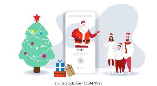 parents and child using online mobile app merry christmas happy new year holiday celebration concept santa claus on smartphone screen horizontal full length vector illustration