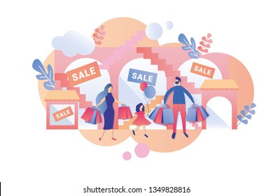 Parents with Child Visit Mall at Weekend and Sale. Vector Illustration on White Background, Flat Cartoon. Man and Woman Carry Shopping Bags. Girl with Parents on Background Shops Carries Balloons.