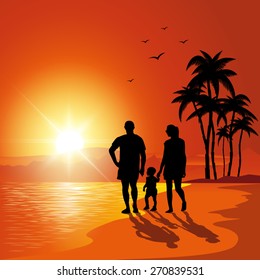 Parents and child walking on the beach at sunset. Vector illustration