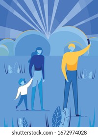 Parents and Child Walking Together in Park Taking Photo in Memory. Family Traveling in Nature Photographing Beautiful Places. Family Weekend or Vacation Leisure TIme. Flat Cartoon Vector Illustration.