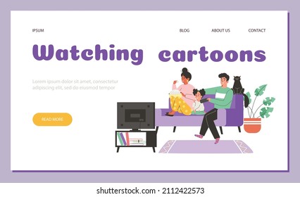 Parents with child watch cartoons on TV, landing page template - flat vector illustration. Web banner with concept of family spending time together at home. Characters sit on the couch.