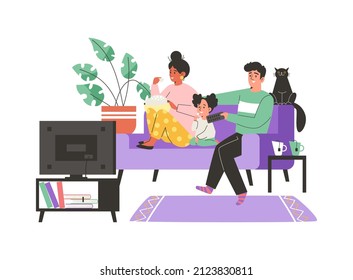 Padres y niños viendo televisión en casa, ilustración vectorial de dibujos planos aislados en fondo blanco. El concepto de ocio familiar y cine en casa.