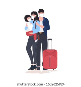 parents with child wearing masks to prevent epidemic MERS-CoV wuhan coronavirus 2019-nCoV pandemic medical health risk concept full length vector illustration