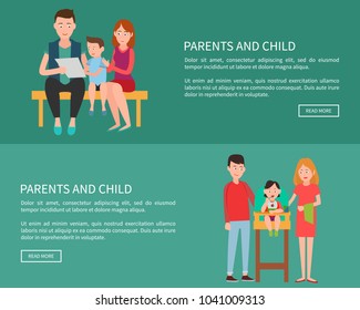 Parents and child web posters set family mother father and son sit on bench and watch boys grades, child eat meal in baby chair vector illustrations