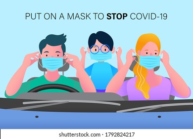 Parents And Children All Wear Masks In The Car. Before Departure. Stay Safe Concept. Save Lives Design Sign Concept. Stop Covid-19 Coronavirus. Trendy Flat Vector Illustration.