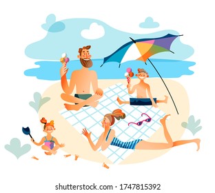 Parents And Children At Beach Picnic, Eating Ice Cream. Dad, Mom, Son And Daughter Pastime At Summer Sea Vacation. Vector Character Illustration Of Family Activity Recreation, Parenthood, Childhood