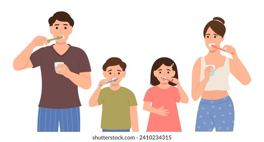 Parents and children brushing teeth together.  Daily routine dental hygiene.Vector Illustration