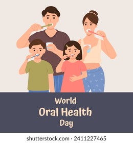 Parents and children brushing teeth together.  Daily routine dental hygiene.Vector Illustration