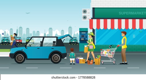 Parents and children are carrying goods from supermarkets into the car.