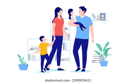 Parents with children - Casual family of mother, father, son and daughter standing together with kids indoors at home. Flat design vector illustration with white background