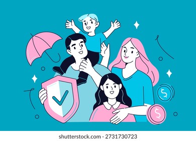 Parents and children characters protected by insurance coverage. Financial security, healthcare, protection. Vector outline illustration.