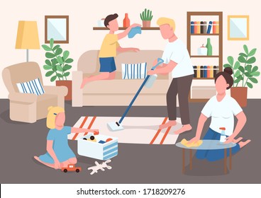 Parents and children cleaning flat color vector illustration. Kid tidying up toys. Mother wash furniture surfaces. Father and son do cleanup. Family 2D cartoon characters with interior on background