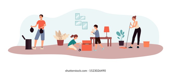 Parents and children cleaning home together cartoon flat vector illustration isolated on white background. Housekeeping and family togetherness lifestyle banner concept.