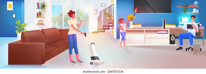 parents with children cleaning living room parenting friendly family concept full length