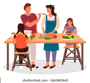 Parents and children cooking in kitchen, isolated mother and father with daughter preparing food. Mom cutting vegetables on wooden board. Family leisure or hobby pastime, healthy lifestyle vector