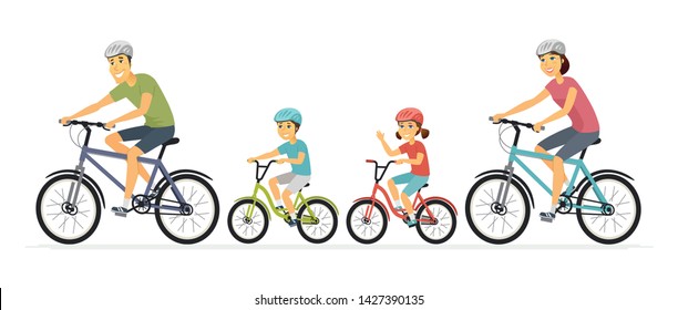 Parents and children cycling - cartoon people characters illustration on white background. Mother, father with kids going on a ride on bicycles, having a good time. Family, healthy lifestyle concept