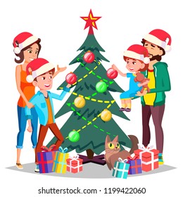 Parents With Children Decorating A Christmas Tree Vector. Isolated Illustration

