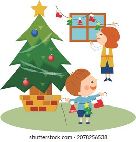 Parents and children decorating with Christmas trees
