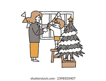 Parents and children decorating a room People enjoying Christmas home parties and family time