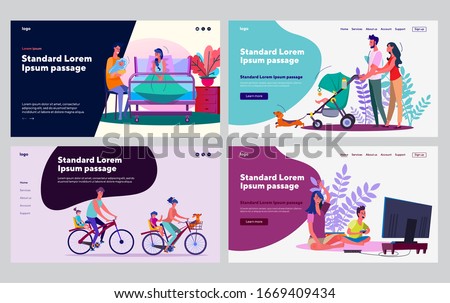 Parents and children in different ages set. Mom and dad with baby, toddlers, teen boy. Flat vector illustrations. Leisure, family, activity concept for banner, website design or landing web page