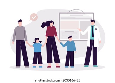 Parents with children at doctor for examination. Mother, father and two kids at nurse's appointment. Wife and husband with teens. Family doctor health and healthcare check concept. Vector illustration