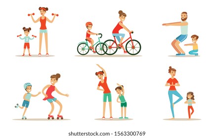 Parents With Children Doing Sports Exercises Together Vector Illustration Set Isolated On White Background