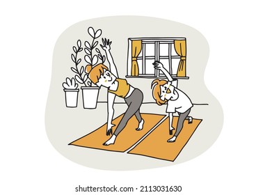 Parents and children doing yoga together in the room Comical handwritten person Vector, simple coloring of line drawing