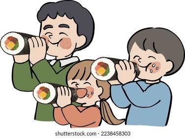 Padres y niños comiendo "Ehomaki" para rezar por la buena suerte durante el tradicional evento japonés "Setsubun"