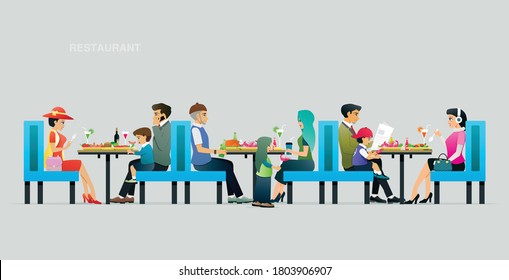 Parents and children eating in a restaurant with a gray background.