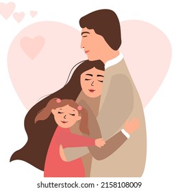 Parents and children embracing together. Happy Stable family of try members father, mother, and daughter. Cute cartoon characters isolated on heart background